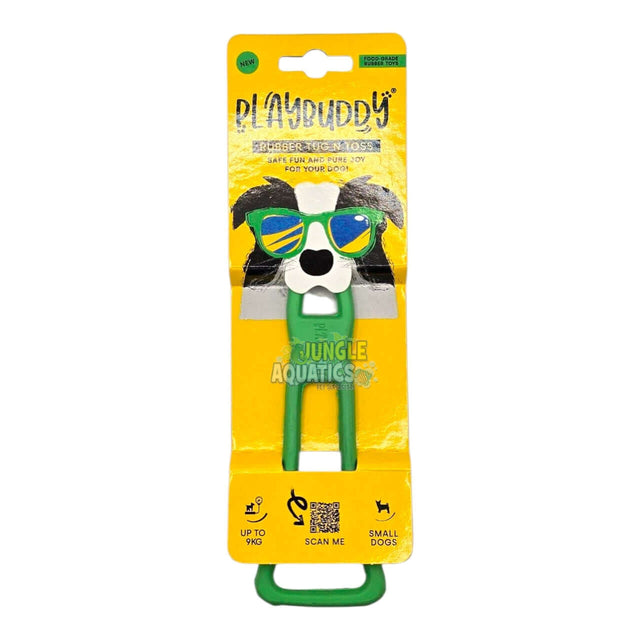 Playbuddy Tug and Toss toy packaging, designed for small dogs, featuring a playful dog graphic.