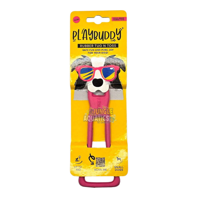 Playbuddy Tug and Toss dog toy packaging showing a playful design for interactive fun.