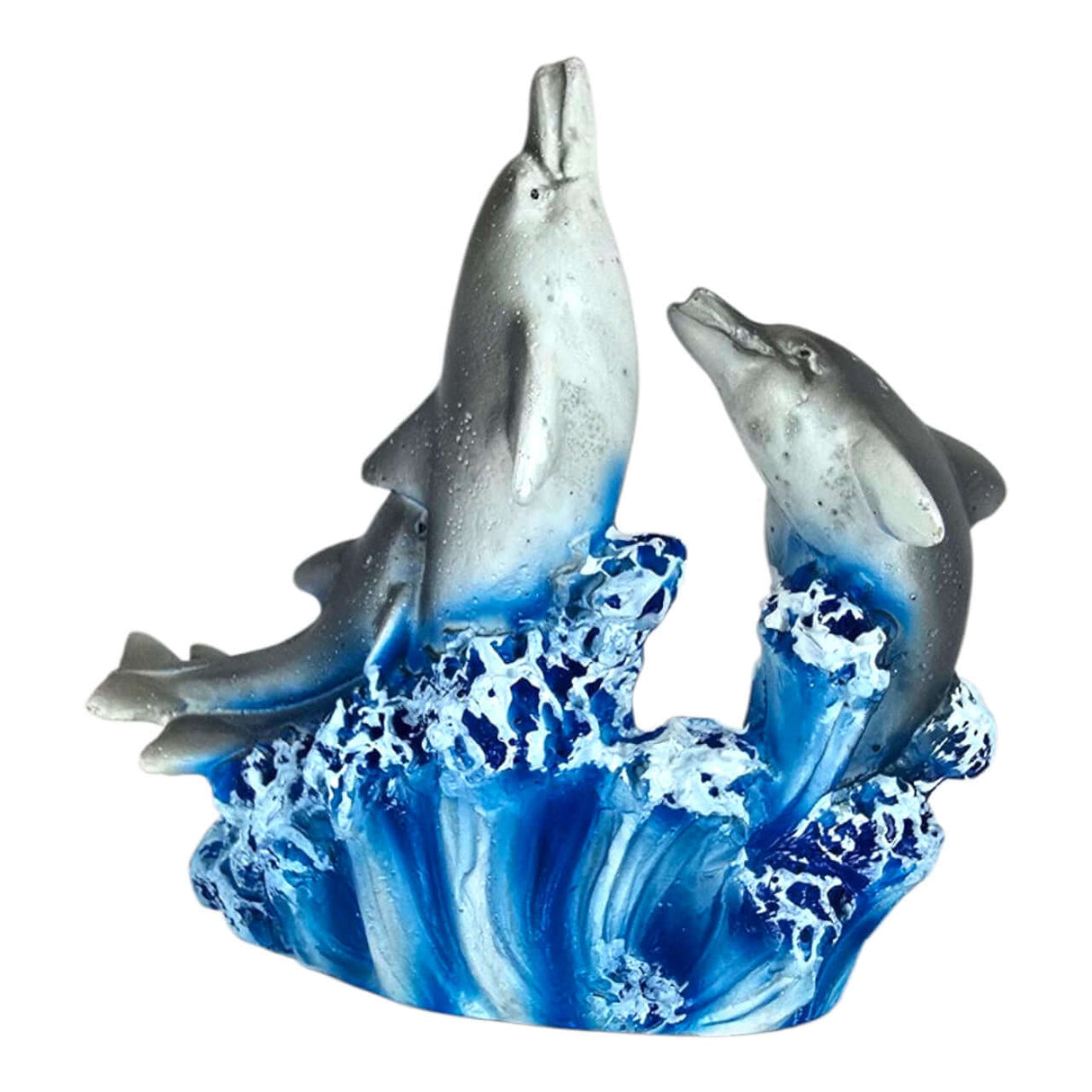 Playing Dolphins Aquarium Ornament with two dolphins leaping from a vibrant blue wave, crafted from durable resin.