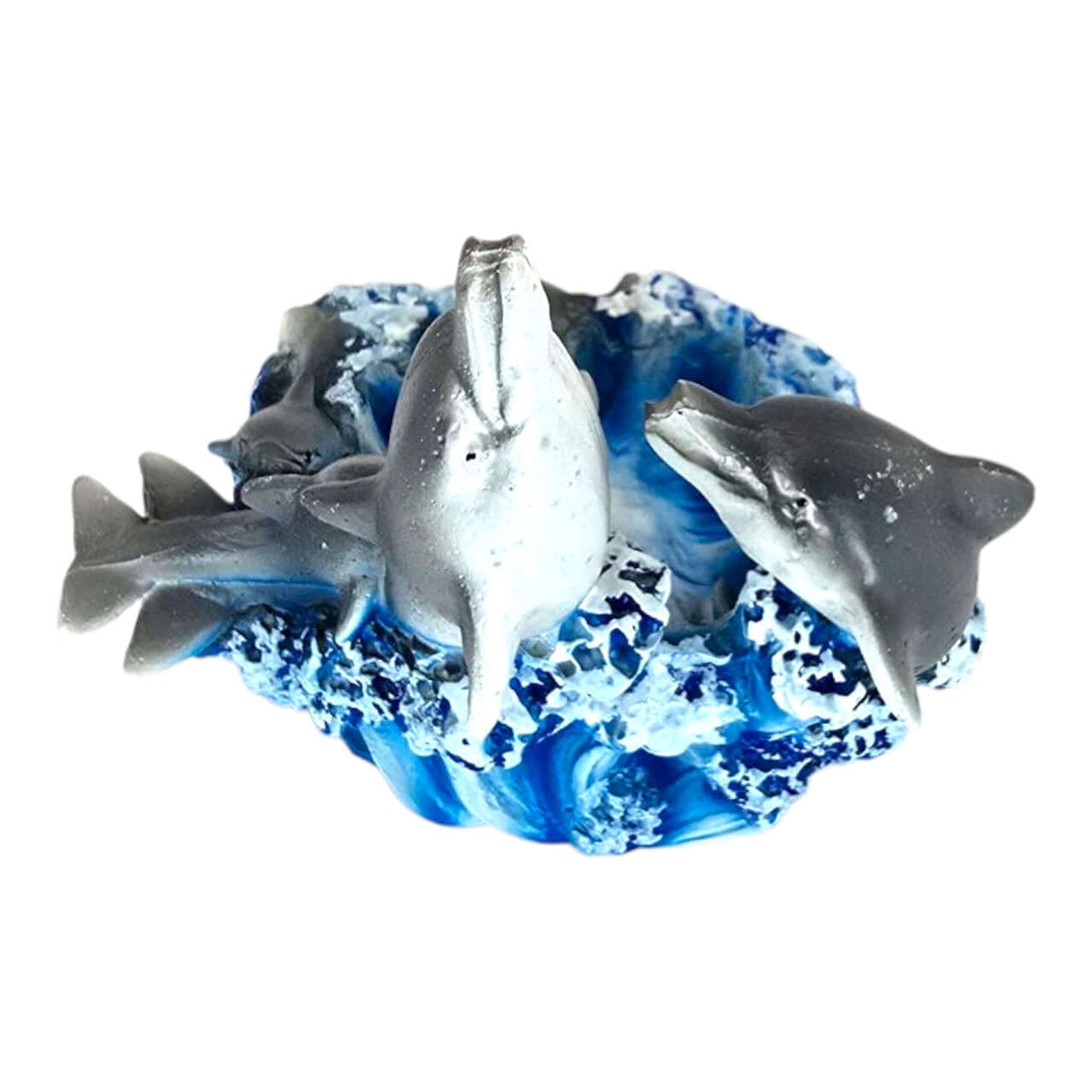 Playing Dolphins Aquarium Ornament with three dolphins leaping from sculpted blue wave, detailed resin design.
