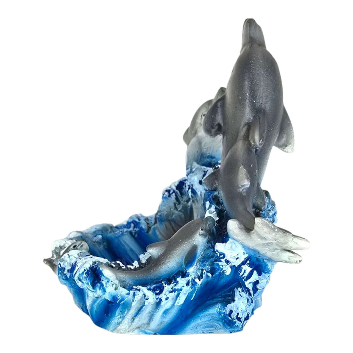 Playing Dolphins Aquarium Ornament depicting three dolphins leaping from a vibrant blue wave, crafted from durable resin.