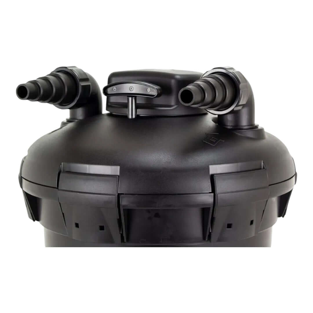 Oase Pontec PondoPress 10000 pond filter top view with hose connectors for easy installation and maintenance.