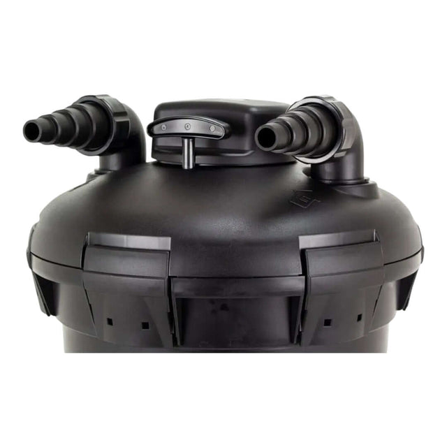 Oase Pontec PondoPress 10000 pond filter top view with hose connectors for easy installation and maintenance.