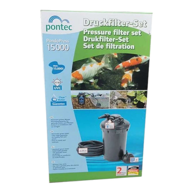Pontec PondoPress 15000 Pressure Filter Set for clean pond water maintenance, featuring filter pump and UVC clarifier.