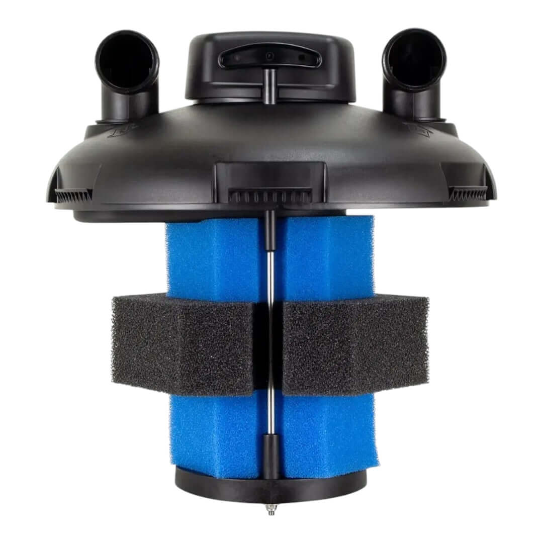 Close-up of Oase Pontec PondoPress 10000 pond filter with bio-mechanical media for clear water in ponds.