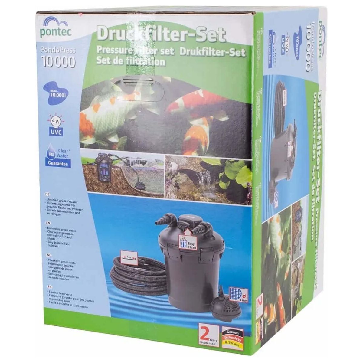 Pontec PondoPress 10000 Pond Filter set packaging showcasing features and components for clean pond water.