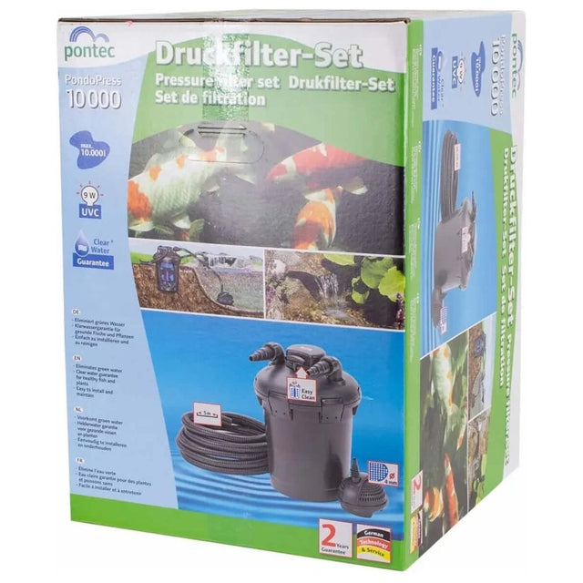 Pontec PondoPress 10000 Pond Filter set packaging showcasing features and components for clean pond water.