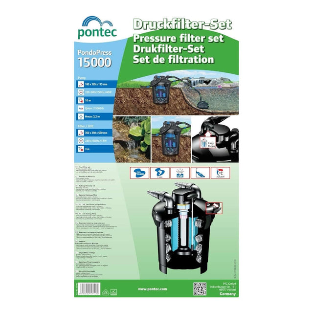 Pontec PondoPress 15000 Pressure Filter Set packaging with product details and installation features for pond filtration.