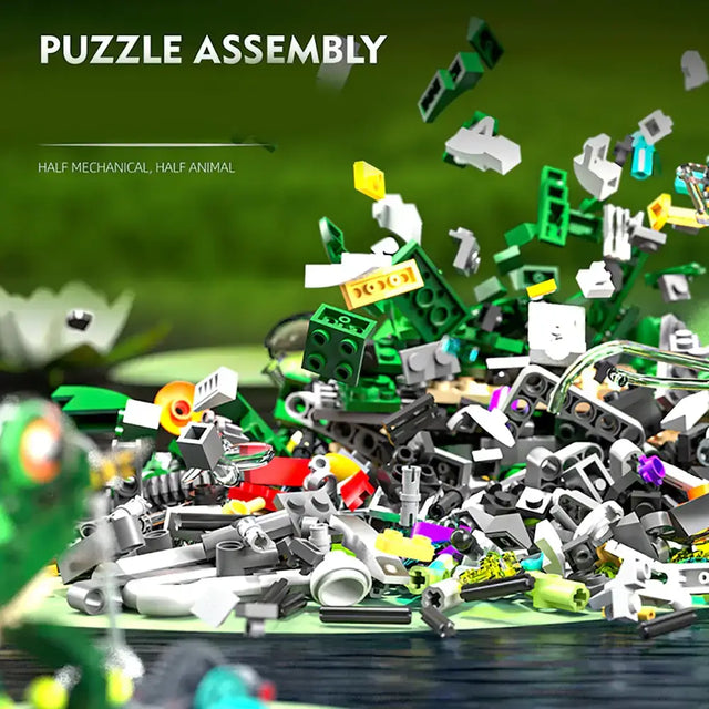 MJI Machinery Frog 13058 building blocks display showing colorful pieces for creative puzzle assembly.
