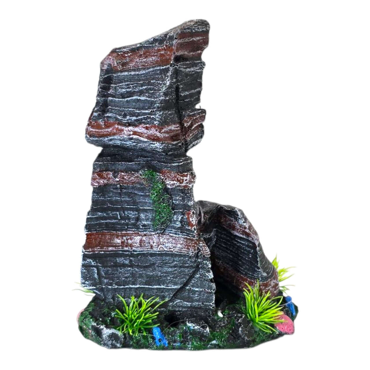 Realistic red and black rock aquarium ornament with layered textures and aquatic plants.