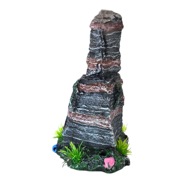 Red and Black Rock Aquarium Ornament with realistic stratified layers and vibrant aquatic plants.