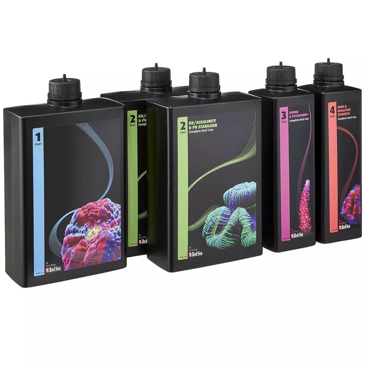 Red Sea 4-Part Complete Reef Care Dosing System bottles for optimal coral growth in aquariums.