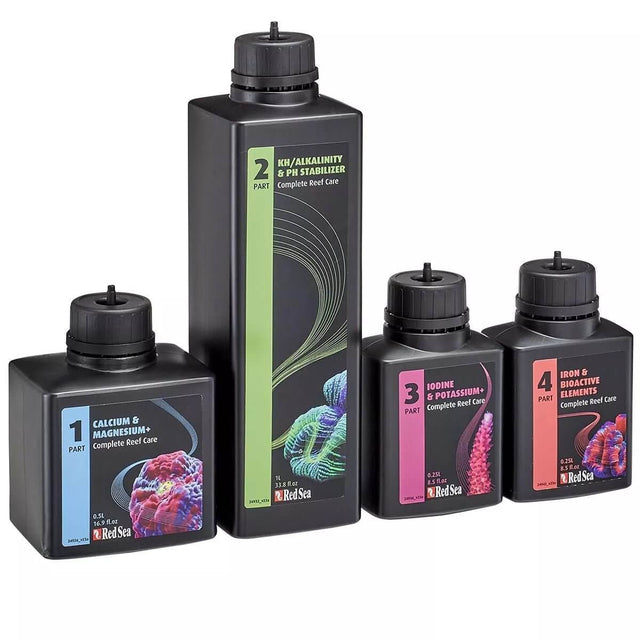 Red Sea 4-Part Complete Reef Care Dosing System with bottles for calcium, magnesium, potassium, and iron elements.
