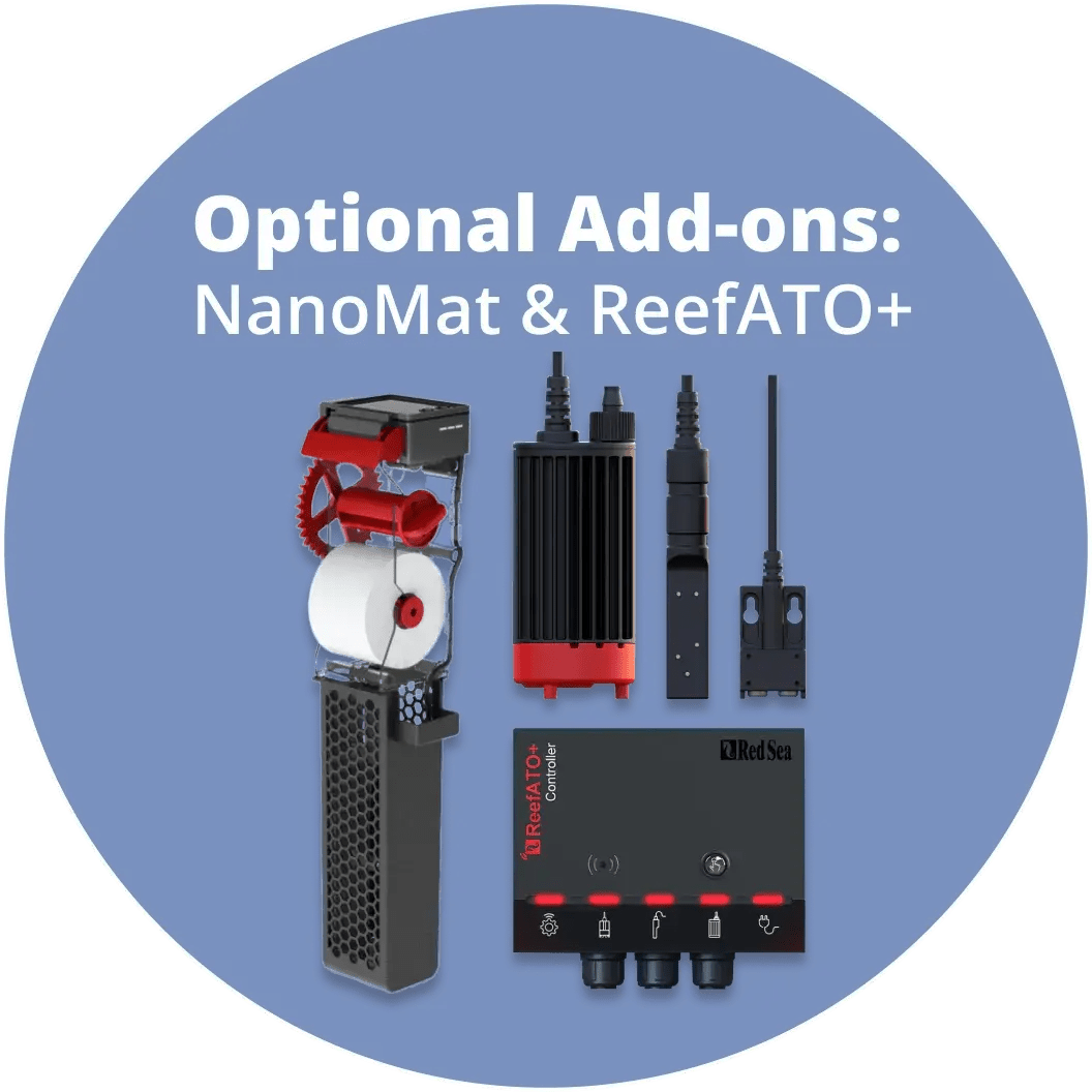 Optional add-ons for Red Sea Max NANO G2: NanoMat and ReefATO+ accessories displayed on blue background.