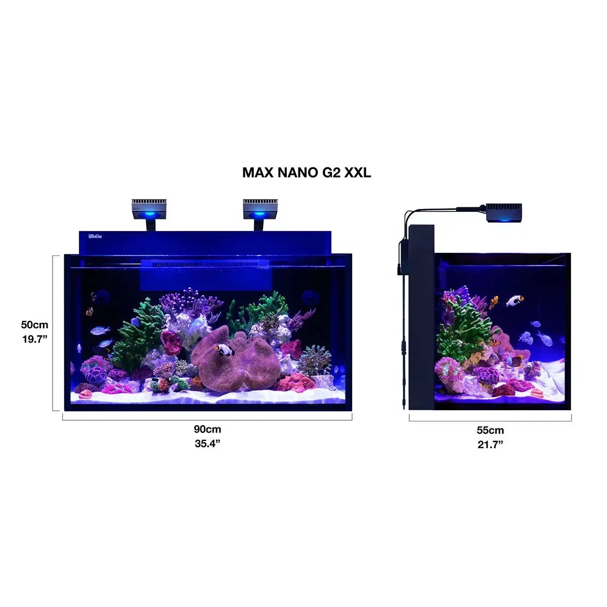 Red Sea Max NANO G2 XXL Cube 200L aquarium with dimensions 90cm x 50cm and 55cm x 21.7cm, showcasing vibrant reef life.