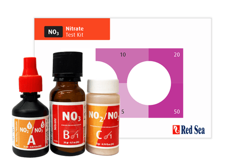 Red Sea MCP Nitrate Nitrite Test Kit including bottles for nitrate and nitrite testing with colorimetric chart.