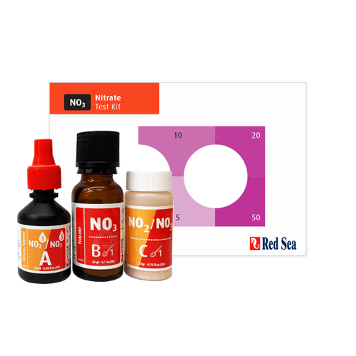 Red Sea MCP Nitrate Nitrite Test Kit including bottles for nitrate and nitrite testing with colorimetric chart.
