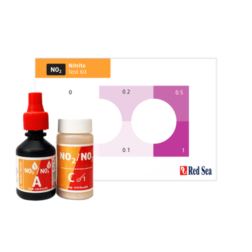 Red Sea MCP Nitrate Nitrite Test Kit with bottles and colorimetric scale for marine aquariums.