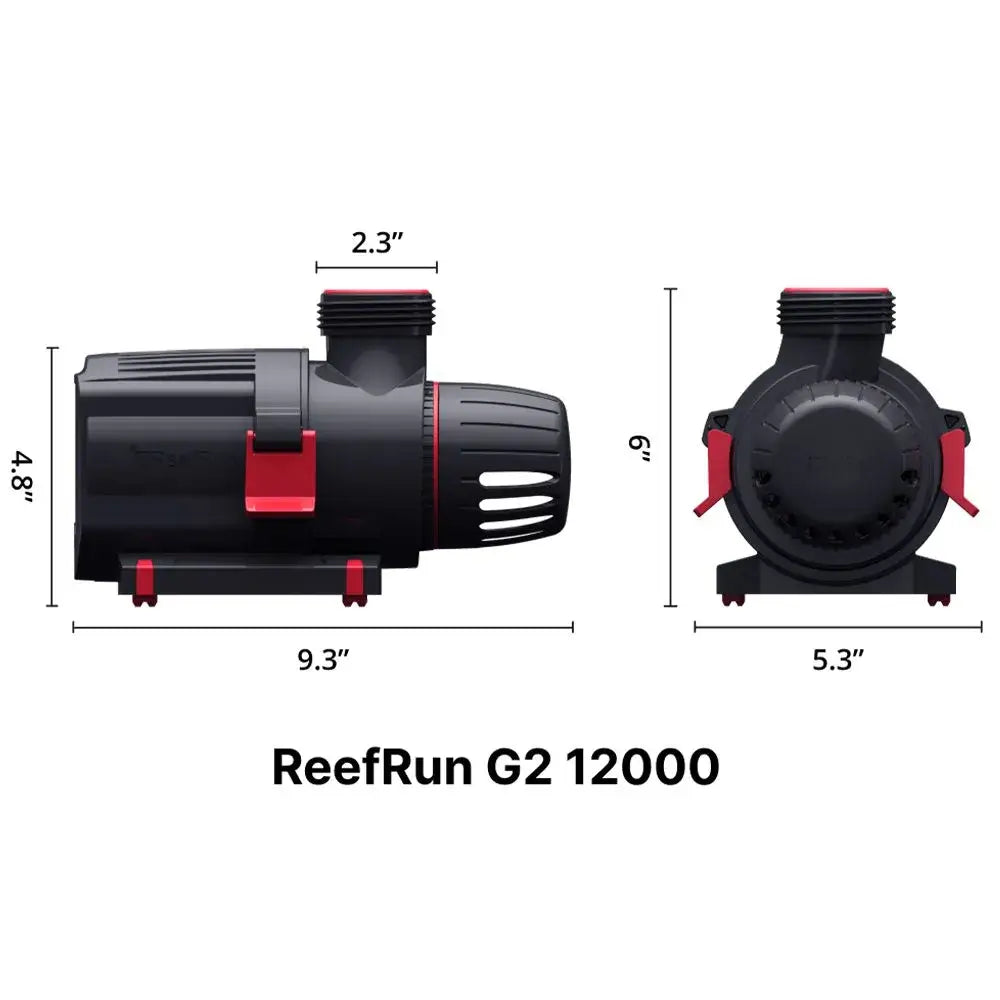 Red Sea ReefRun G2 12000 Controllable DC Pump with dimensions for efficient water circulation.