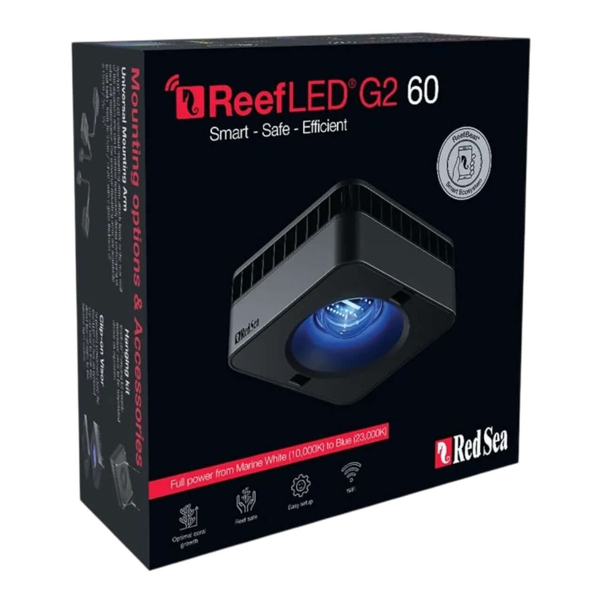 Red Sea ReefLED G2 60 Marine Light packaging featuring vibrant color spectrum and adjustable temperature settings.