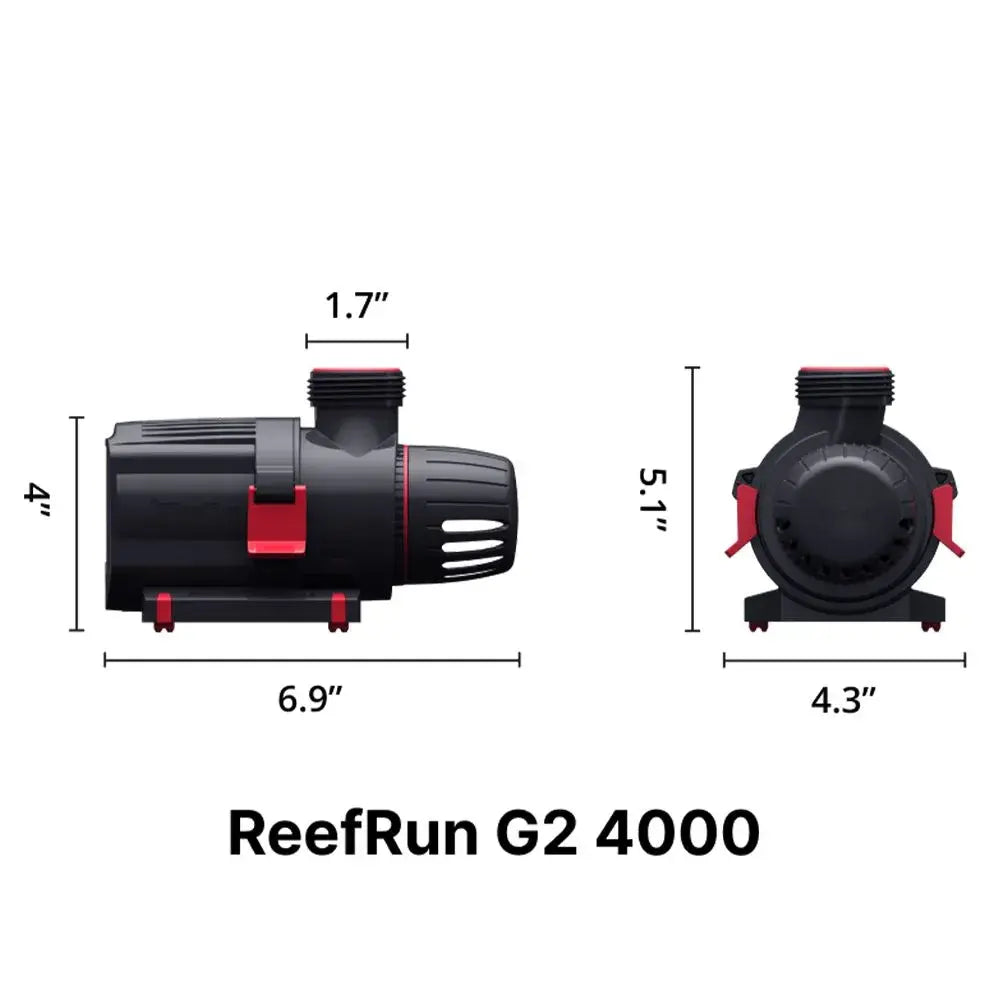 Red Sea ReefRun G2 4000 controllable DC pump with dimensions for flexible installation and efficient water circulation.