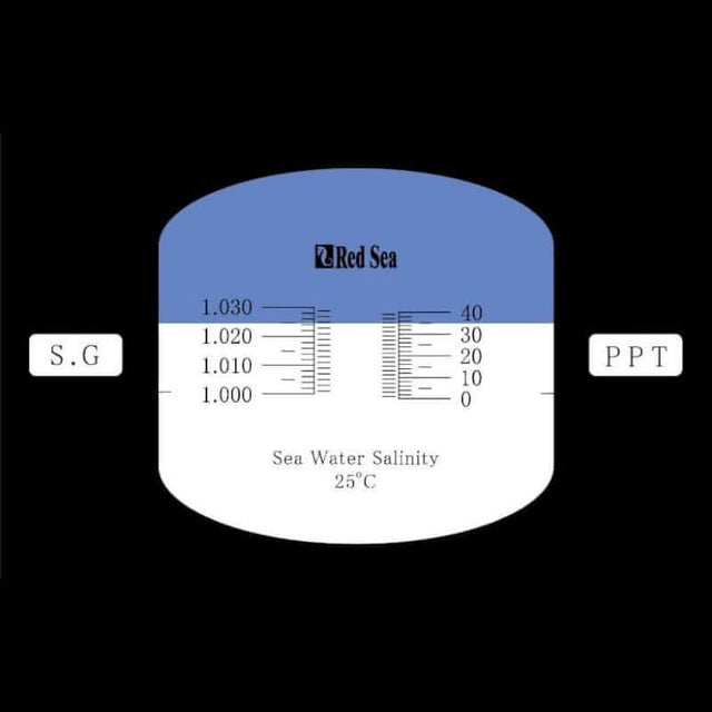 Red Sea Refractometer scale showing seawater salinity measurements at 25°C for reef aquariums.