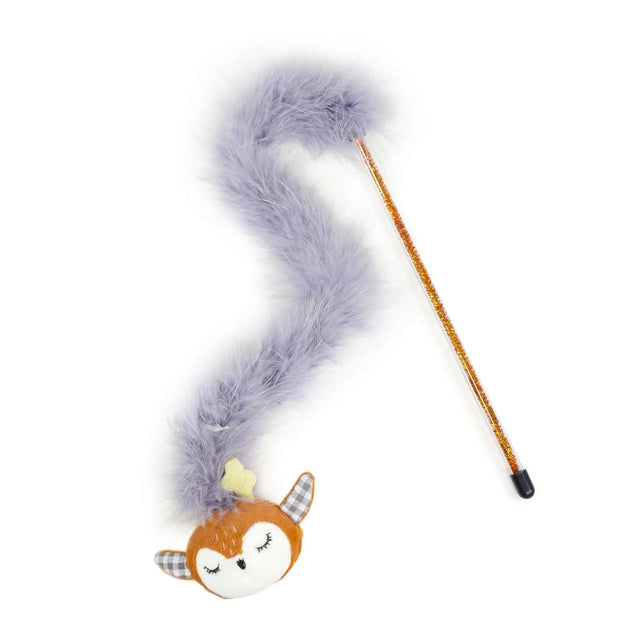 Reindeer Tinsel Cat Teaser with grey feather bower and gold sparkly wand, perfect for engaging your cat's natural instincts.