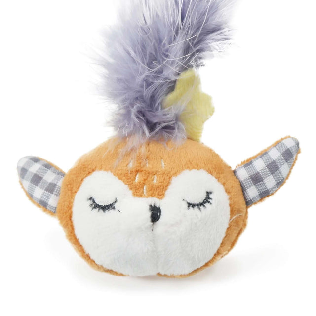 Cute plush reindeer cat toy with checkered ears and soft purple feather, designed for playful feline fun.