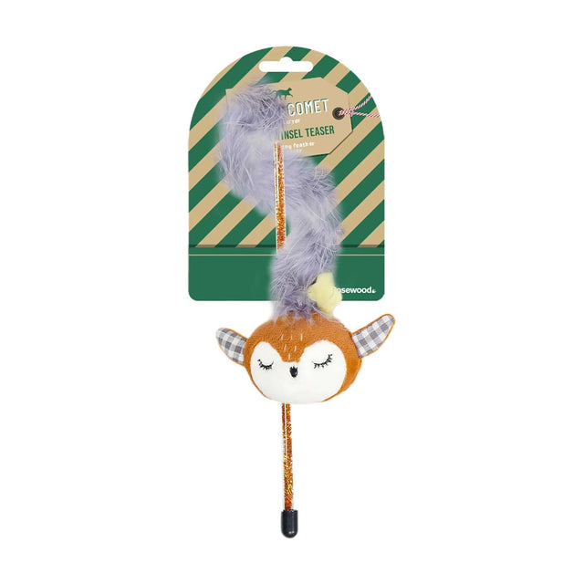 Reindeer Tinsel Cat Teaser with grey feather and gold tinsel wand, designed to engage your cat's hunting instincts.