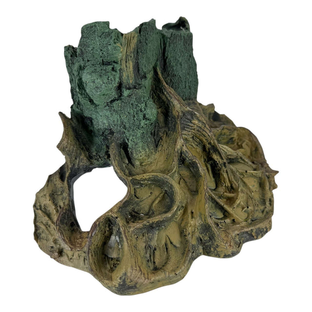 Realistic resin tree stump aquarium ornament with textured roots and green accent, perfect for aquariums and terrariums.