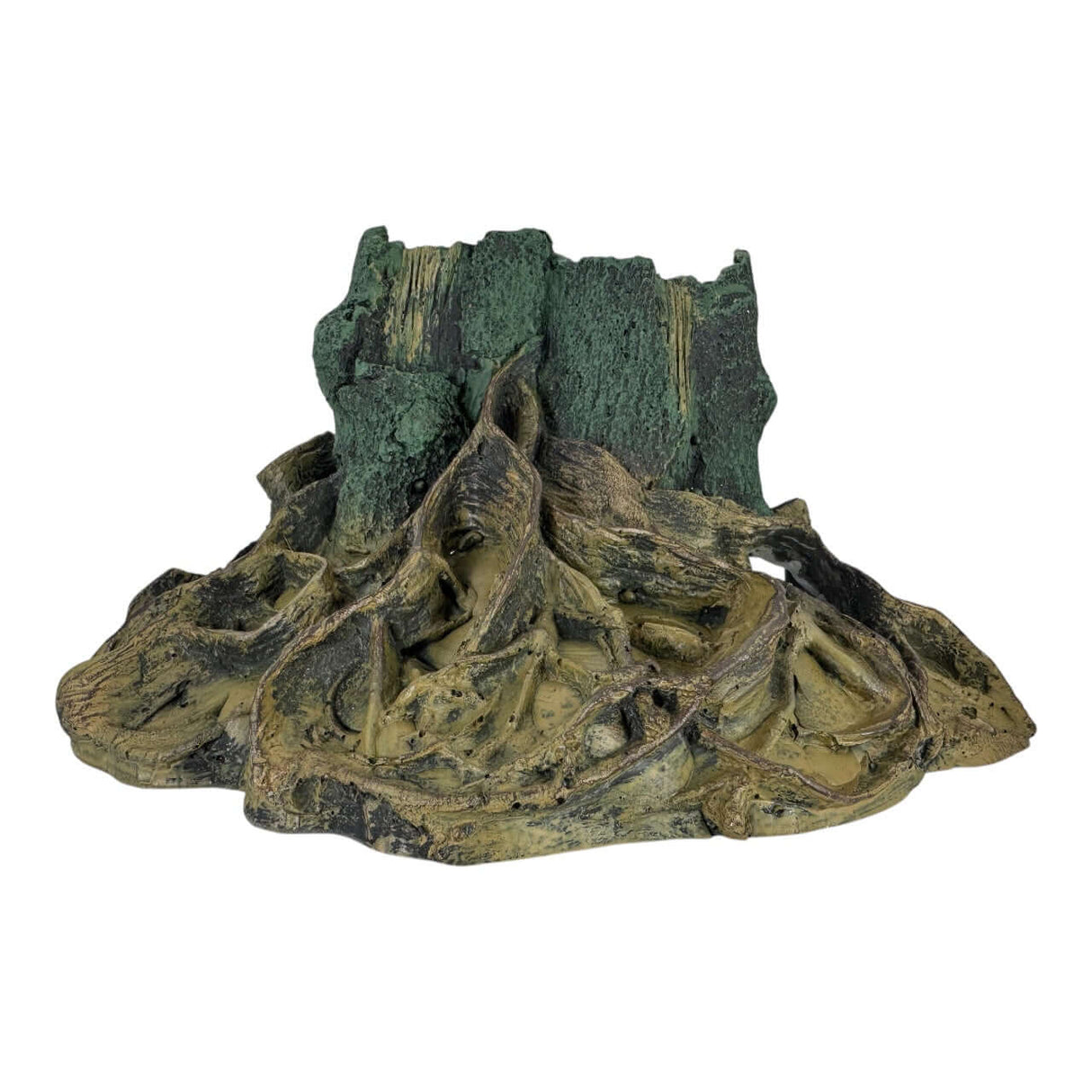 Realistic resin tree stump aquarium ornament, adding natural beauty and texture to aquariums and terrariums.