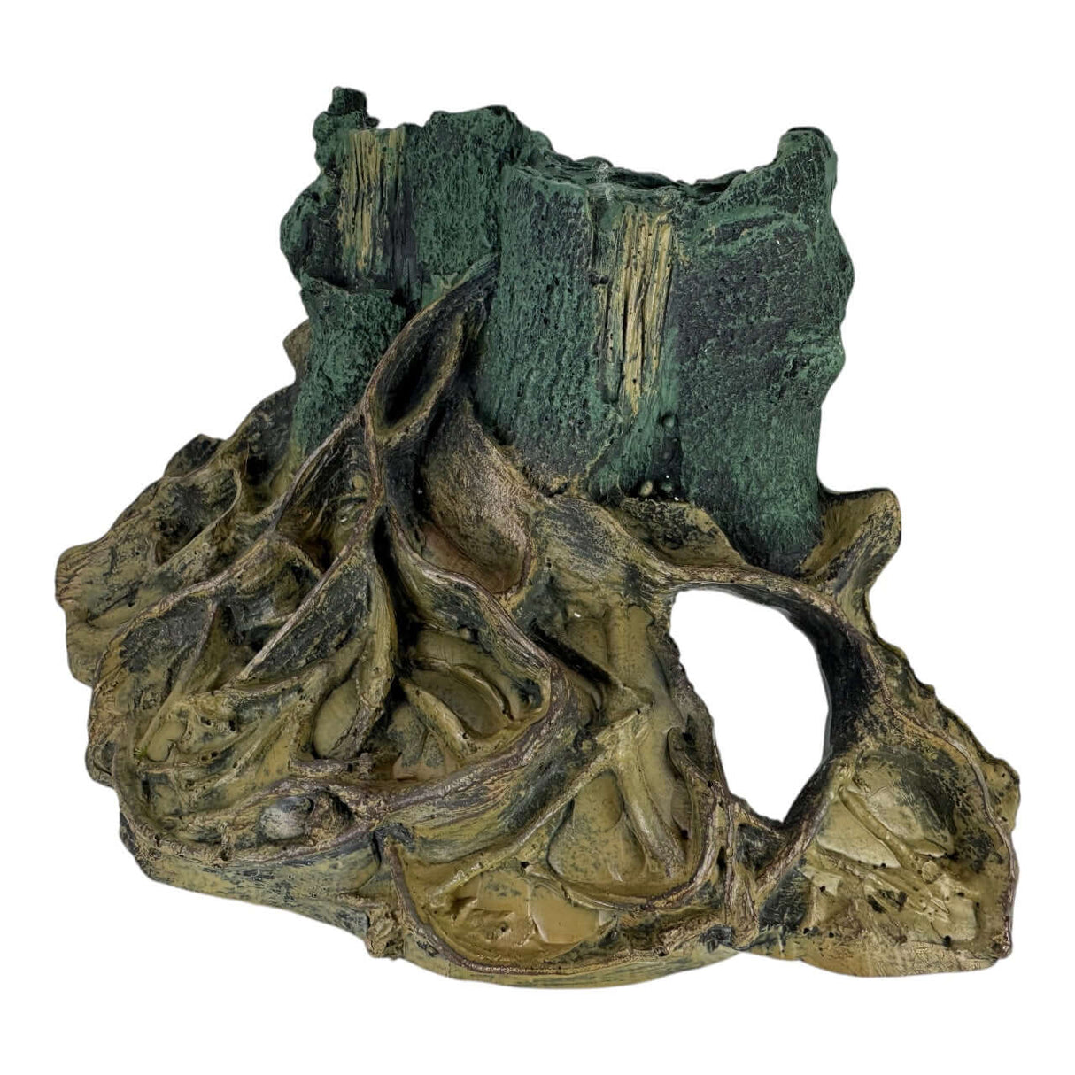 Resin Tree Stump Aquarium Ornament, realistic tree root design for aquariums or terrariums, adding natural beauty to habitats.