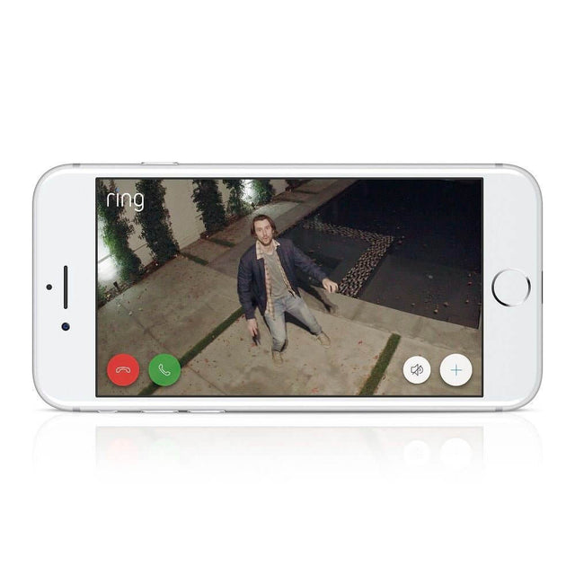 Live view of Ring battery-operated security camera on smartphone showing a person outside, enhancing home security.