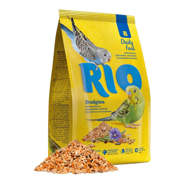 RIO Budgie Food 1kg bag with seeds, designed for budgies' health and well-being.