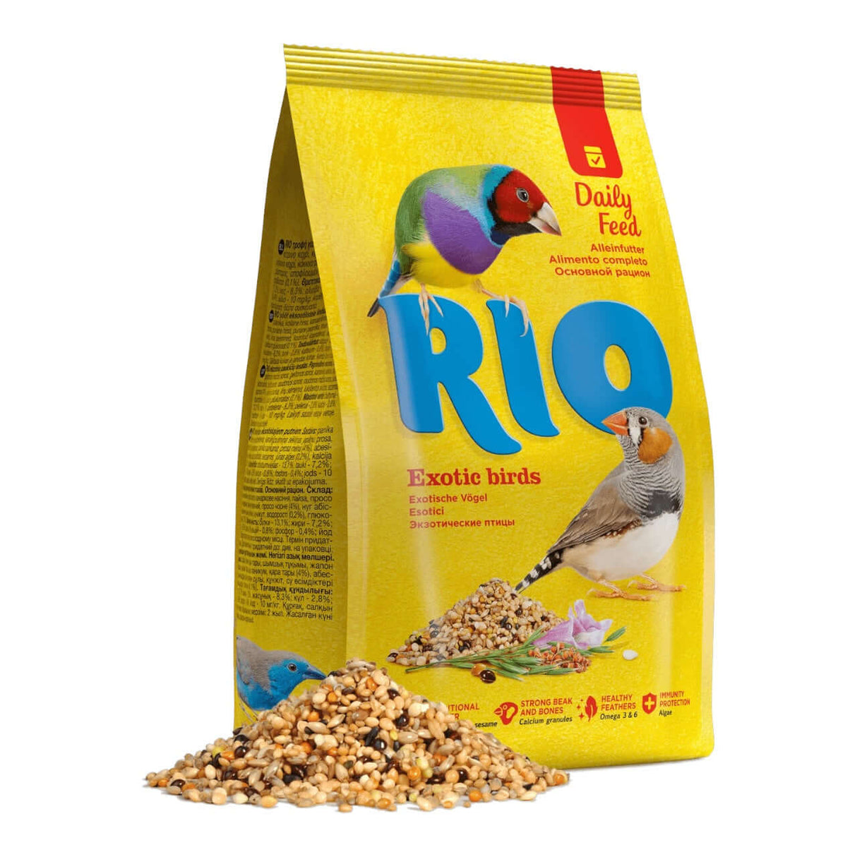 RIO Exotic Finch Food 500g packaging with seeds, designed for the nutritional needs of exotic birds.