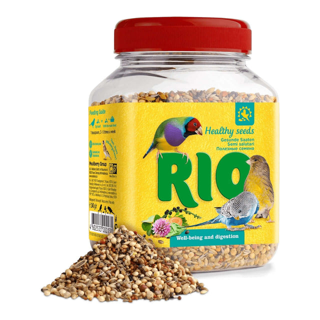 RIO Healthy Seeds Mix 240g jar featuring various seeds for birds' well-being and digestion, with colorful packaging.