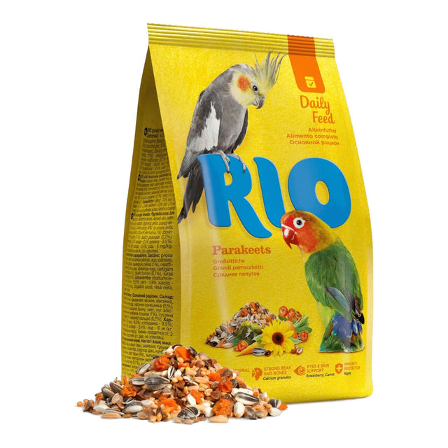 RIO Parakeet Food 1kg bag with colorful seeds, ideal nutrition for cockatiels and lovebirds.