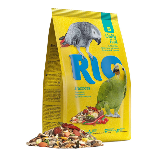 RIO Parrot Food bag featuring nutritious mix for daily feed, suitable for all parrot species and life stages.
