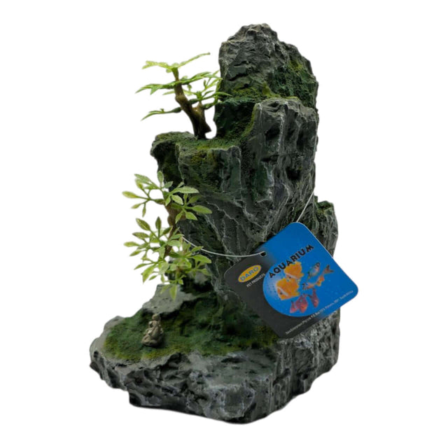 Rock Hill with Trees Aquarium Ornament featuring textured dark gray rock and vibrant green moss.