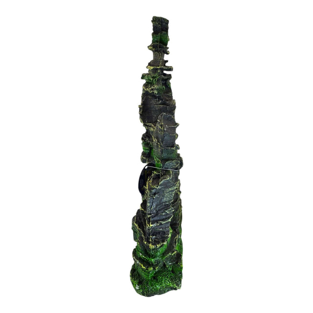 Rock Peak Tall Aquarium Ornament featuring a realistic layered rock design with green moss for aquarium decor.