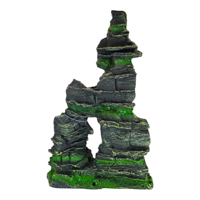 Rock Peak Tall Aquarium Ornament featuring a detailed, layered rock formation with green accents for aquariums.