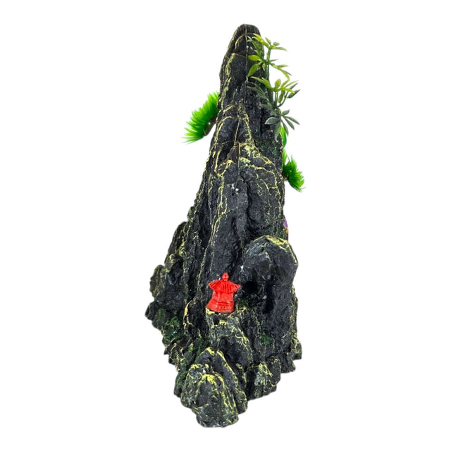 Rock Trees Red Temple Aquarium Ornament with green plants and a red temple detail, perfect for aquariums or terrariums.