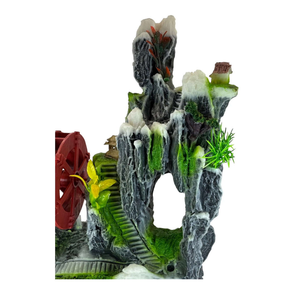 Rock with Waterwheel Aquarium Ornament showcasing a detailed mountainous scene and vibrant red waterwheel.