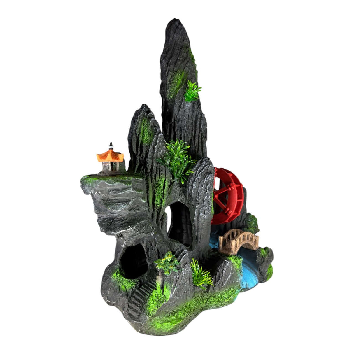Large aquarium ornament featuring a rock formation, waterwheel, and lush greenery for a serene underwater landscape.