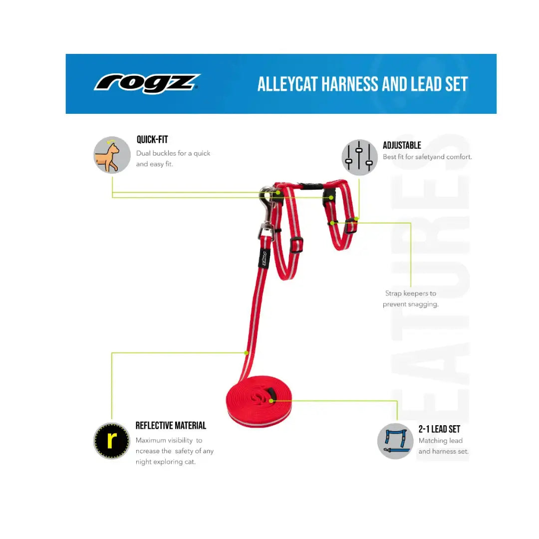 Rogz AlleyCat Kitten and Cat Harness and Lead features adjustable design, reflective material, and quick-fit system.