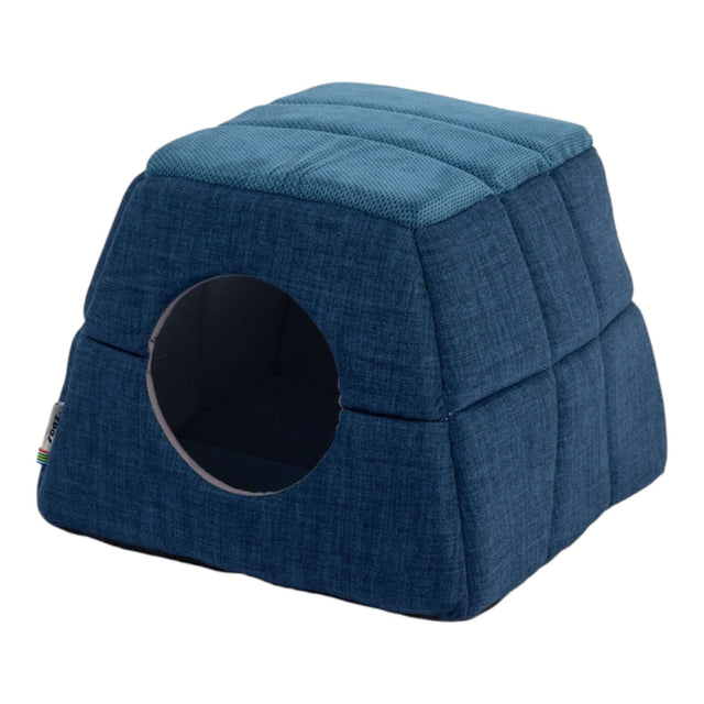 Rogz Cat Bed Pop-Up in blue fabric, designed for cozy pet hideaway or supportive sleeping space.