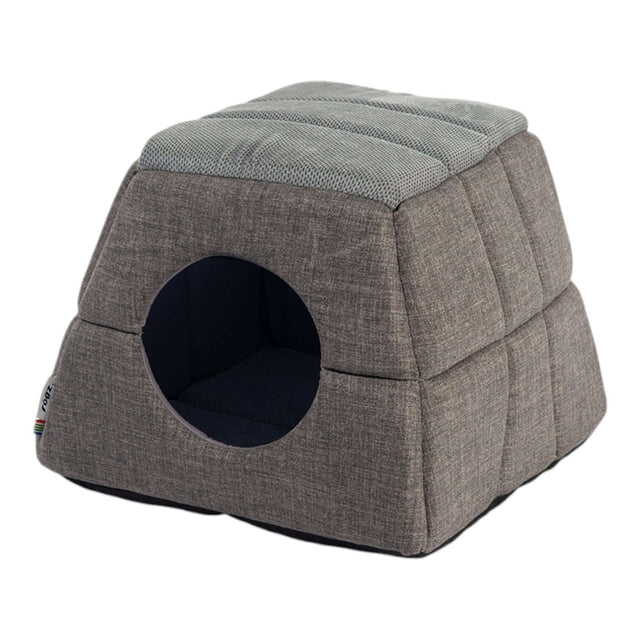 Rogz Cat Bed Pop-Up, cozy cat hideaway, collapsible pet bed, ideal for cats and dogs, gray fabric design.