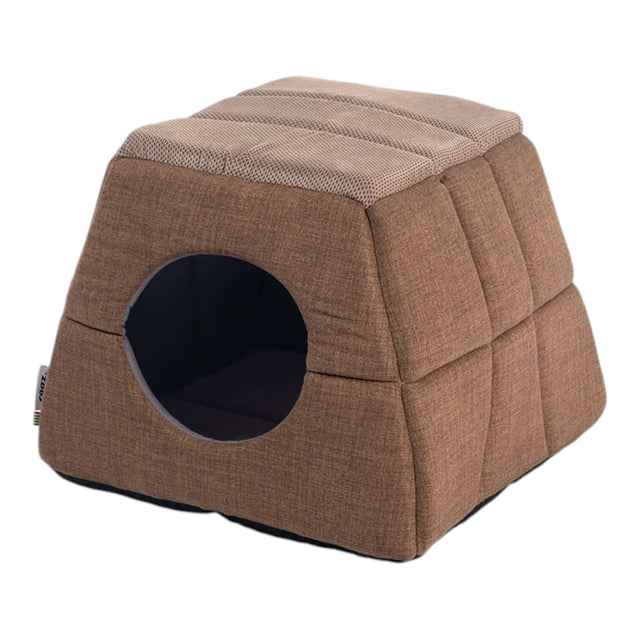 Rogz Pop-Up Cat Bed, cozy hideaway for pets, collapsible design, brown fabric, ideal for cats and small dogs.