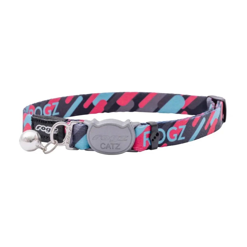 Rogz Fusion Cat Safety Collar featuring vibrant patterns and a break-away safety buckle for feline comfort.