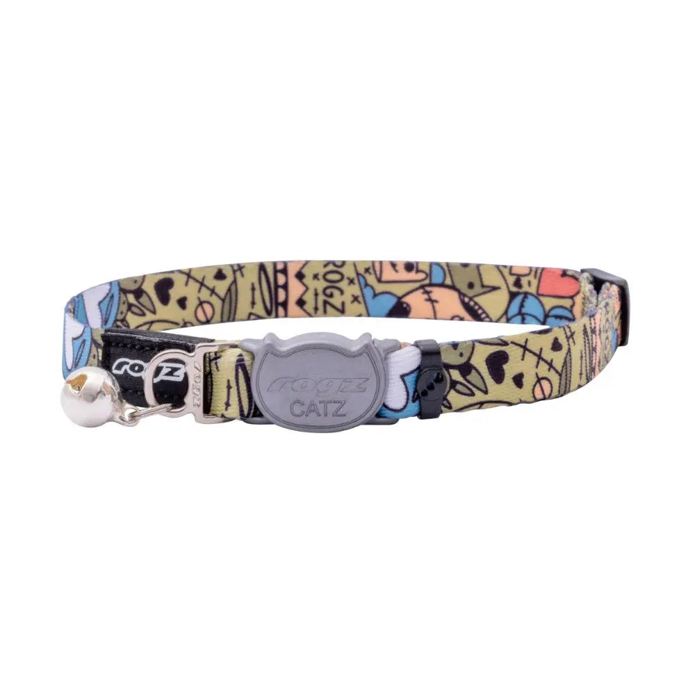 Rogz Fusion Cat Safety Collar with vibrant patterns and adjustable safety buckle for comfort and security.